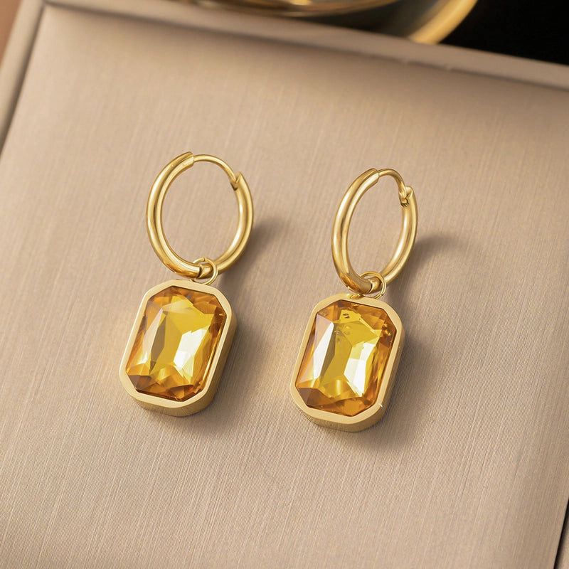 Yellow Gem Drop Hoop Earrings